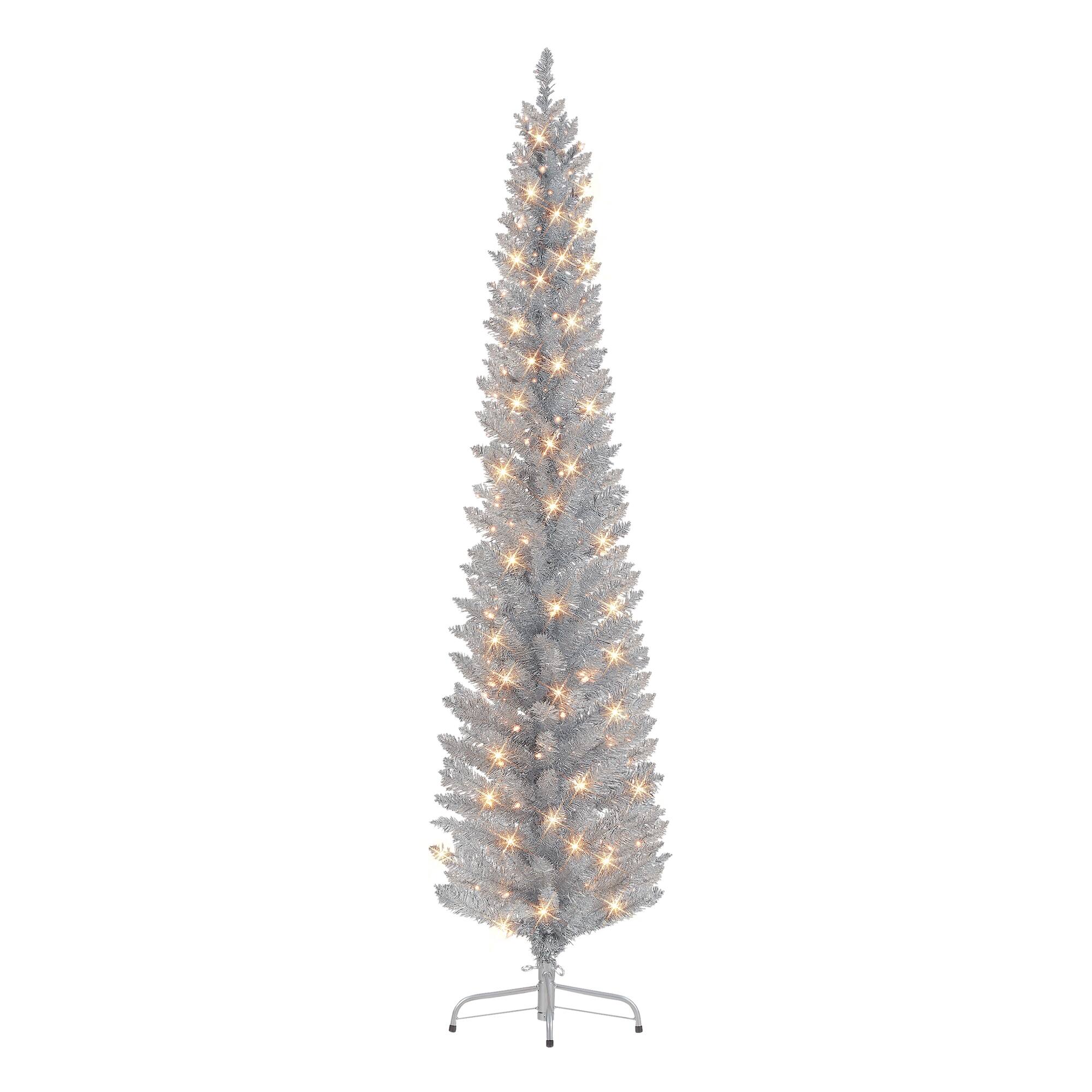 6ft. Pre-Lit Silver Tinsel Artificial Christmas Tree, Clear Lights